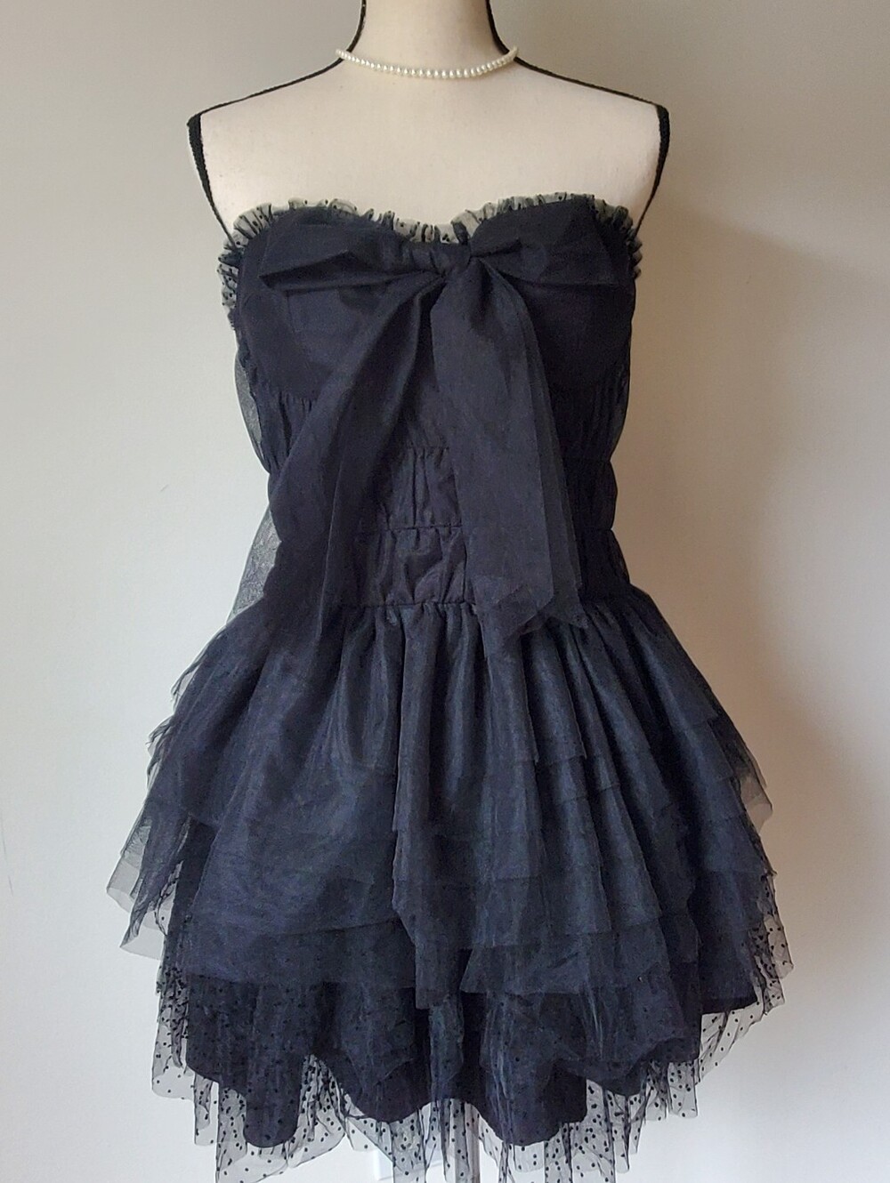 LoveShackFancy Faron Strapless Black Tulle Party Mini Dress with Oversized Bow